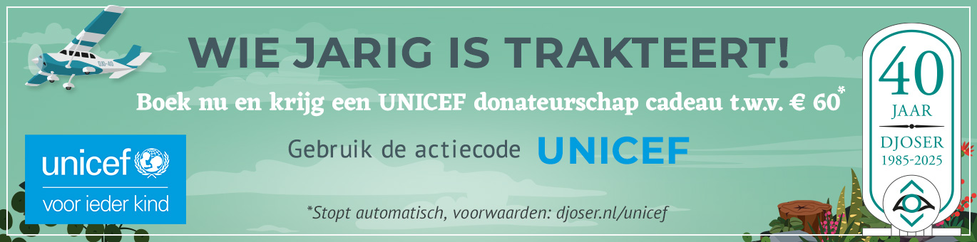 Wie jarig is trakteert! Boek nu en krijg een UNICEF donateurschap cadeau t.w.v. €60. Gebruik de actiecode UNICEF.