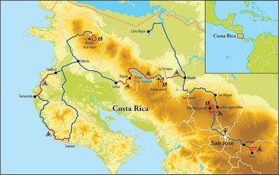 Routekaart Wandel- en Fietsreis Costa Rica, 14 dagen