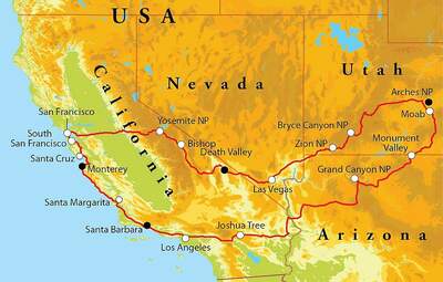 Routekaart Rondreis West-Amerika, 22 dagen hotel/kampeerreis