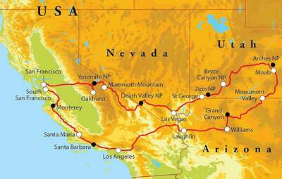 Routekaart Rondreis West-Amerika, 21 dagen hotelreis