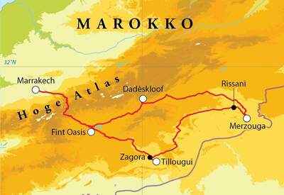 Routekaart Rondreis Marokko Saharasafari, 8 dagen