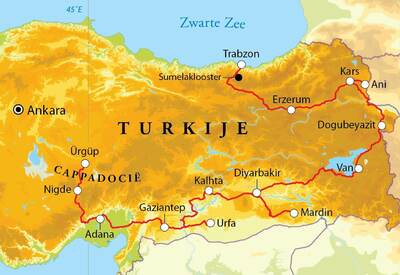 Routekaart Rondreis Turkije-Oost, 20 dagen