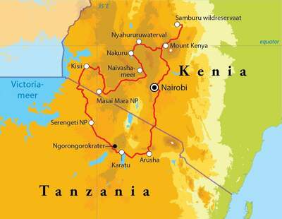 Routekaart Rondreis Kenia & Tanzania, 18 dagen lodge/hotelreis