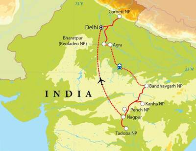 Routekaart Safarireis India, 18 dagen