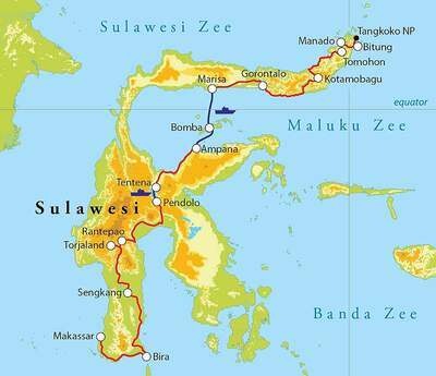 Routekaart Rondreis Sulawesi, 24 dagen