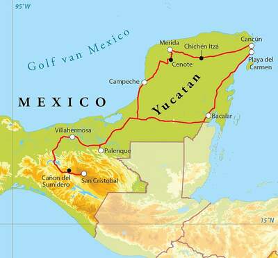 Routekaart Rondreis Mexico, 16 dagen