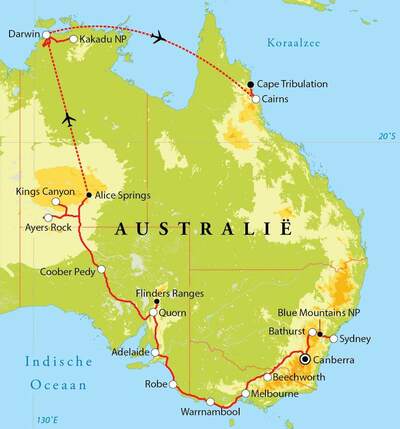 Routekaart Rondreis Australië, 28 dagen