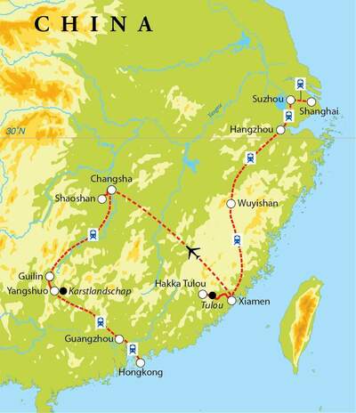 Routekaart Rondreis Oost-China, 21 dagen
