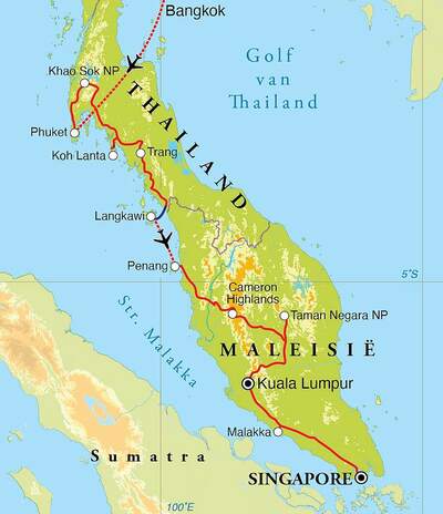 Routekaart Rondreis Thailand, Maleisië & Singapore, 21 dagen