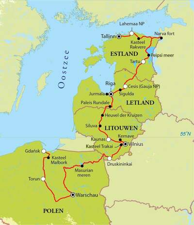 Routekaart Rondreis Polen, Litouwen, Letland & Estland, 18 dagen