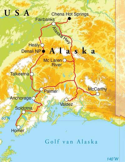 Routekaart Rondreis Alaska, 21 dagen hotel/cabinreis