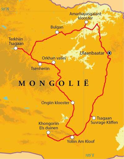Routekaart Rondreis Mongolië, 16 dagen 