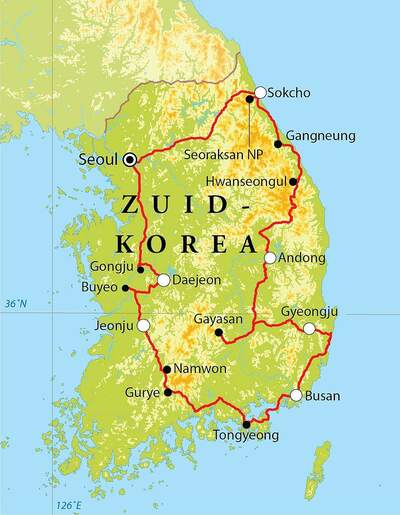 Routekaart Rondreis Zuid-Korea, 15 dagen