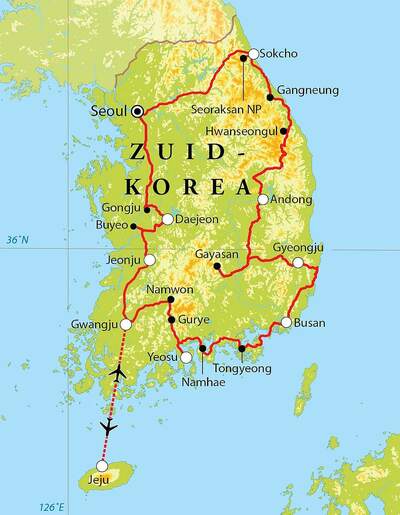 Routekaart Rondreis Zuid-Korea met Jeju, 21 dagen