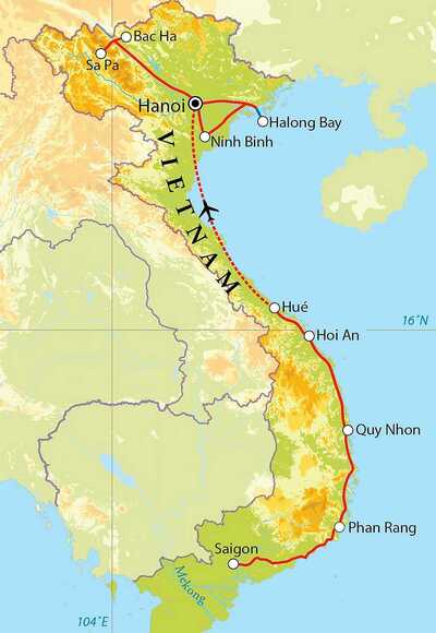 Routekaart Rondreis Vietnam, 22 dagen