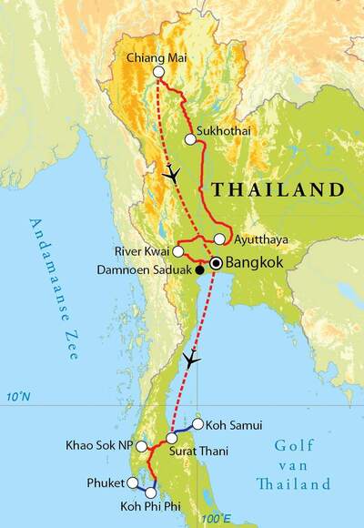 Routekaart Rondreis Thailand Noord & Zuid, 21 dagen